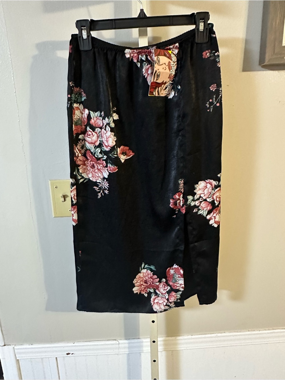 Polly & Esther Black Midi Skirt with Pink Floral Print